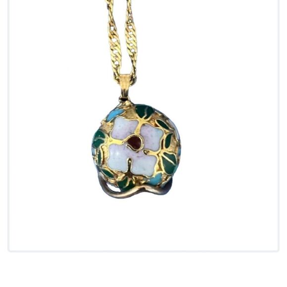 Vintage Cloisonne Gold Plated Caged Floral Design Necklace - Picture 5 of 13